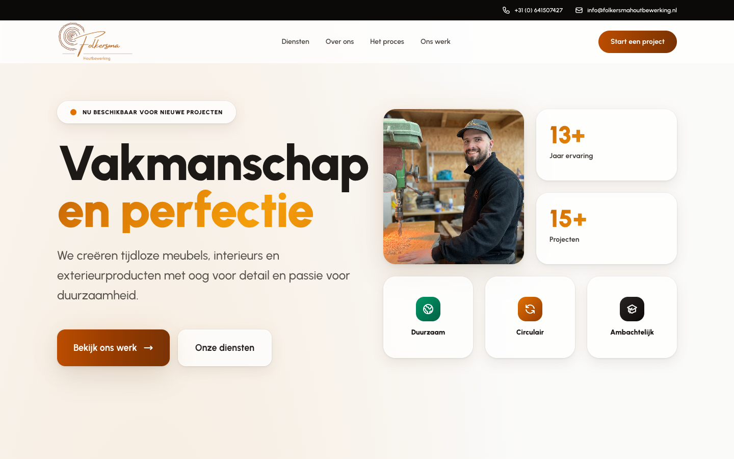 De homepage van de Folkersma Houtbewerking-website, met de hero 'Vakmanschap en perfectie' en de diensten